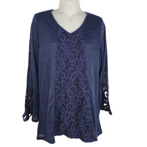 Krazy Kat Womens Top 3/4 Bell Sleeve Lace Embroidered Lined Navy Small V Neck